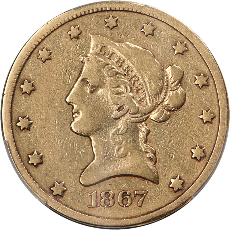 PCGS F Details 1867-S Liberty $10 Gold Coin Key Date San Francisco Mint: PCGS F Details 1867-S Liberty $10 Gold Coin Key Date San Francisco Mint This 1867-S Liberty Gold $10 coin is graded by PCGS as F Details. Featuring decent eye appeal and an average strike, this key da