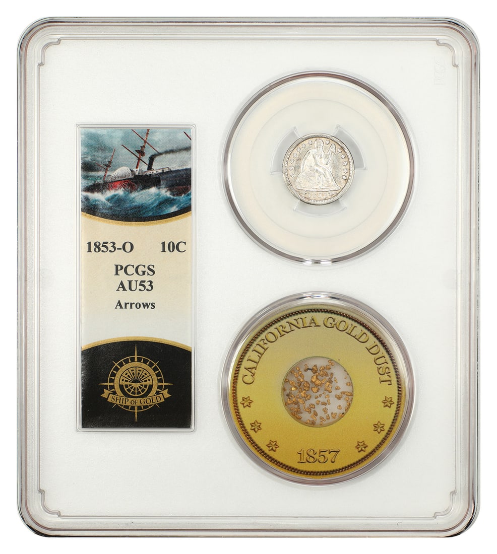 1853-O Liberty Seated Dime PCGS AU53 With Shipwreck Gold Pinch: 1853-O Liberty Seated Dime PCGS AU53 With Shipwreck Gold Pinch This 1853-O Liberty Seated Dime, recovered from the S.S. Central America shipwreck, is graded AU53 by PCGS. It displays white surfaces wi