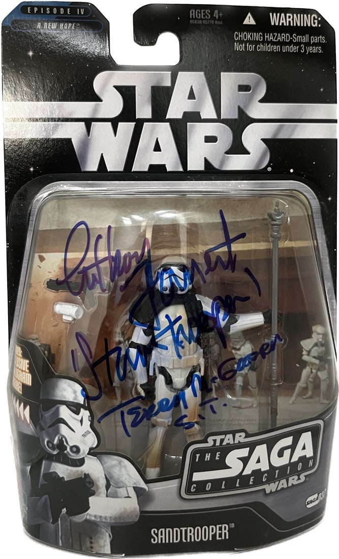 Star Wars Sandtrooper Signed Action Figure by Forrest & McGovern 2004 Beckett Authenticated: Star Wars Sandtrooper Signed Action Figure by Forrest & McGovern 2004 Beckett Authenticated This signed action figure from the 2004 Star Wars The Saga Collection features the iconic Sandtrooper, portr