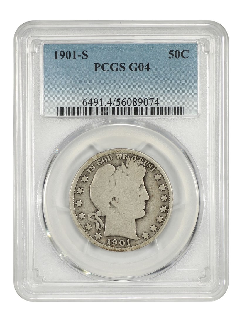 1901-S Barber Half Dollar 50C PCGS Good 04 Rare Date: 1901-S Barber Half Dollar 50C PCGS Good 04 Rare Date This 1901-S Barber Half Dollar, certified by PCGS with a grade of Good 04, is a rare find in the Barber half series. Minted in San Francisco, this