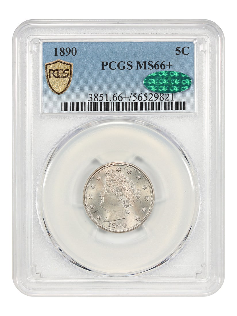 1890 Liberty Nickel Five Cent Coin PCGS CAC MS66 Plus Philadelphia: 1890 Liberty Nickel Five Cent Coin PCGS CAC MS66 Plus Philadelphia This is an 1890 Liberty Nickel graded MS66+ by PCGS and CAC certified, denoting uncirculated condition. The coin was minted in Philad