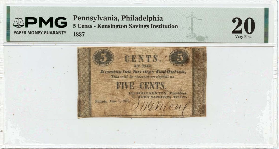 Kensington Savings Institution 1837 Philadelphia Five Cent Obsolete Banknote PMG VF20: Kensington Savings Institution 1837 Philadelphia Five Cent Obsolete Banknote PMG VF20 This is an 1837 5 cent obsolete note issued by the Kensington Savings Institution in Philadelphia, Pennsylvania. G