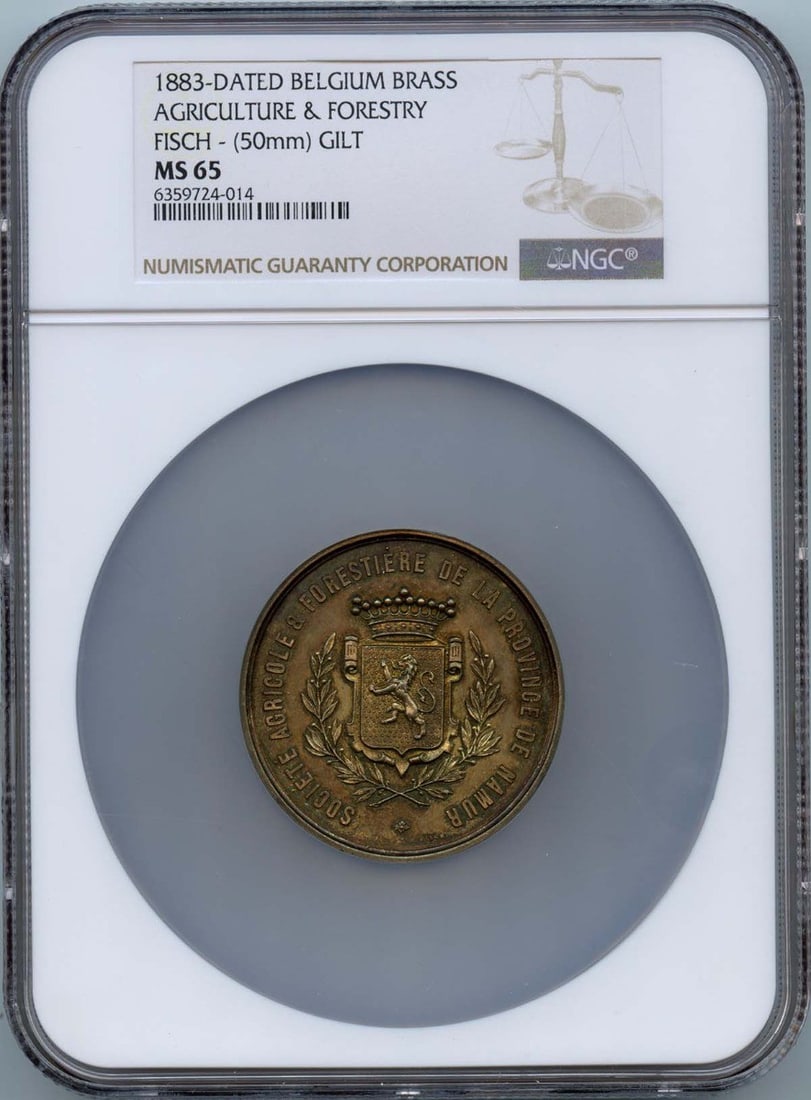 NGC MS65 Belgium 1883 Brass Gilt 50mm Agricultural and Forestry Fisch Coin: NGC MS65 Belgium 1883 Brass Gilt 50mm Agricultural and Forestry Fisch Coin This 1883 Belgium Agricultural and Forestry Fisch medal is crafted from gilt brass and measures 50mm in diameter. Graded MS65