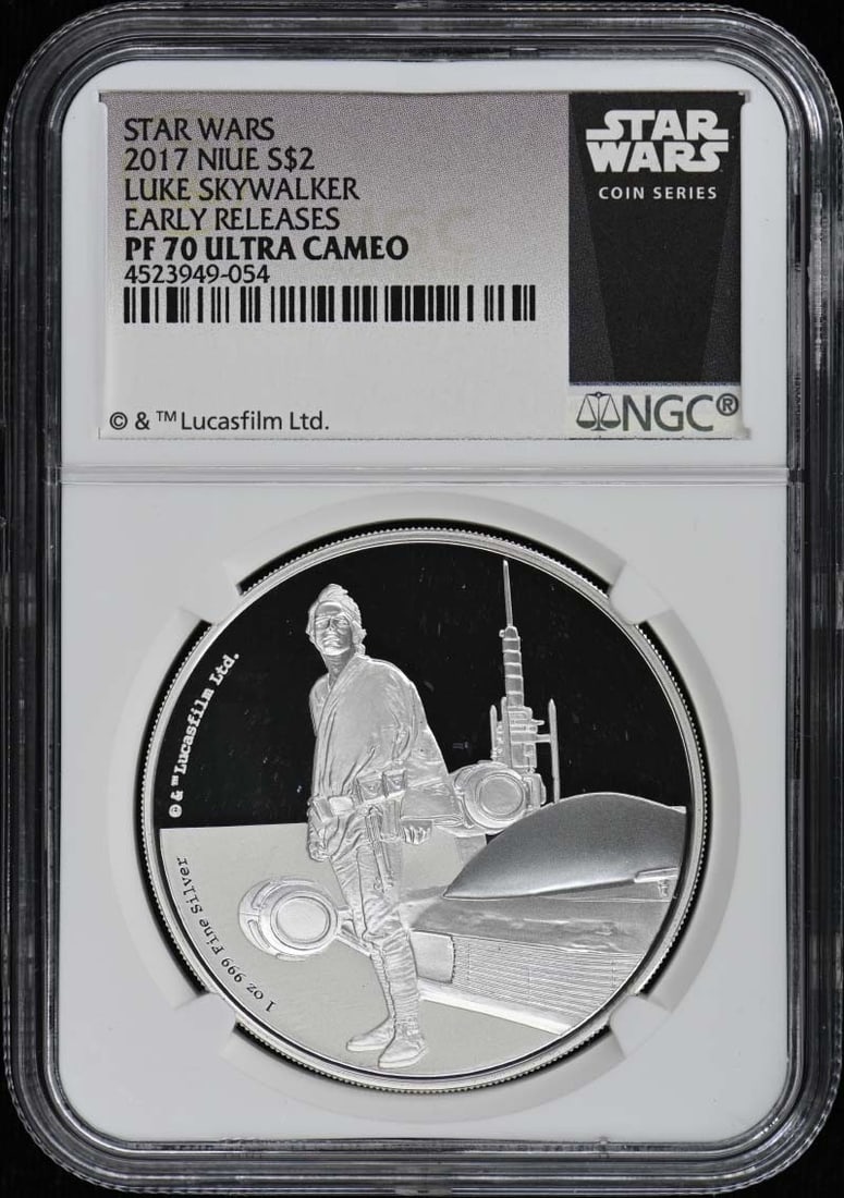 NGC PR70 2017 Niue Two Dollar Luke Skywalker Proof Coin: NGC PR70 2017 Niue Two Dollar Luke Skywalker Proof Coin This is a 2017 Niue $2 silver coin featuring Luke Skywalker, graded PR70 by NGC. The coin is uncirculated and comes certified with NGC certifica