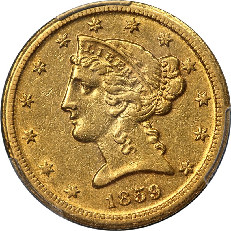 PCGS AU Details 1859-D $5 Liberty Gold Coin Key Date from Denver Mint: PCGS AU Details 1859-D $5 Liberty Gold Coin Key Date from Denver Mint This 1859-D Liberty Gold $5 coin features the Liberty Head design and was minted in Denver. Certified by PCGS with AU Details, thi