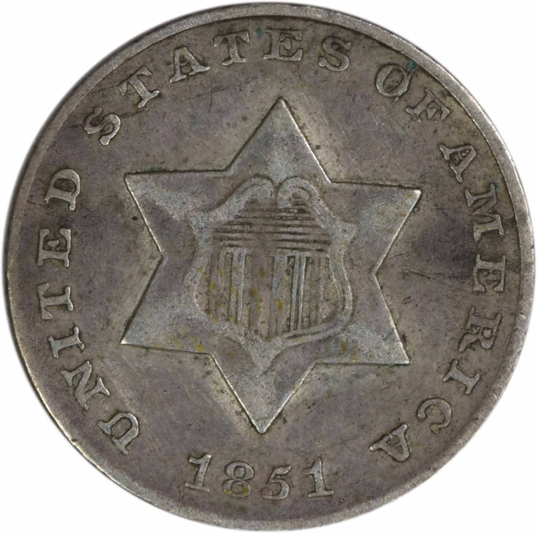 1851 United States Three Cent Silver Coin Extra Fine Philadelphia Uncertified: 1851 United States Three Cent Silver Coin Extra Fine Philadelphia Uncertified This 1851 Three Cent Silver coin from the United States was minted in Philadelphia and designed by James Barton Longacre.