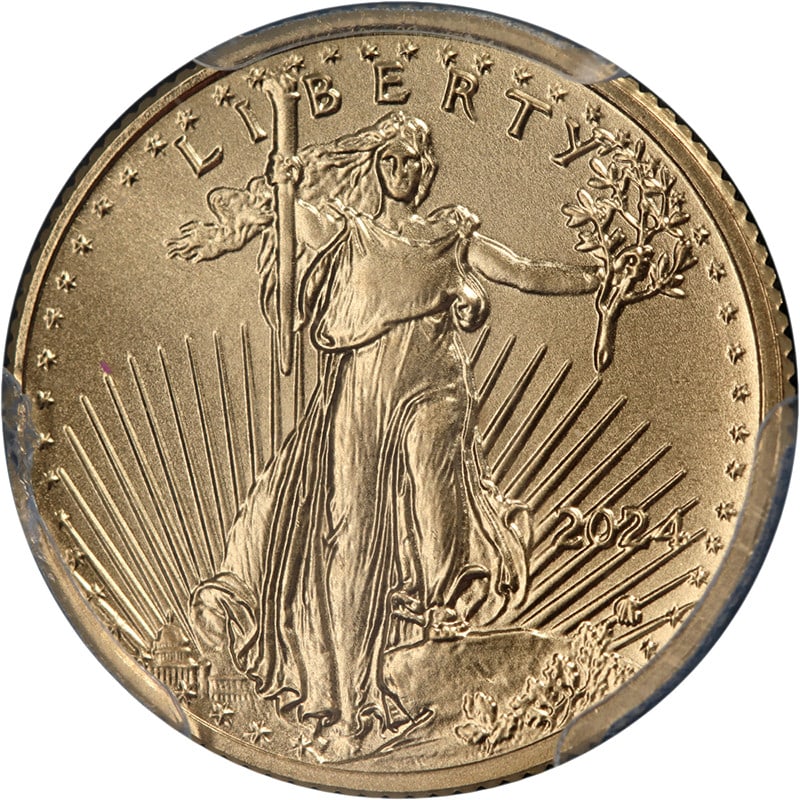PCGS MS70 2024 $5 Gold American Eagle Coin Uncirculated: PCGS MS70 2024 $5 Gold American Eagle Coin Uncirculated This 2024 Gold American Eagle $5 coin is certified by PCGS with a grade of MS70, indicating a flawless uncirculated condition. Featuring superb