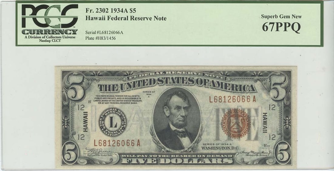 1934A $5 Hawaii WW2 Note PCGS 67 PPQ LA Block Superb Gem: 1934A $5 Hawaii WW2 Note PCGS 67 PPQ LA Block Superb Gem This exceptional 1934A $5 Hawaii note is a superb gem, graded MS67 by PCGS, ensuring its outstanding quality. The note is classified as Uncircu