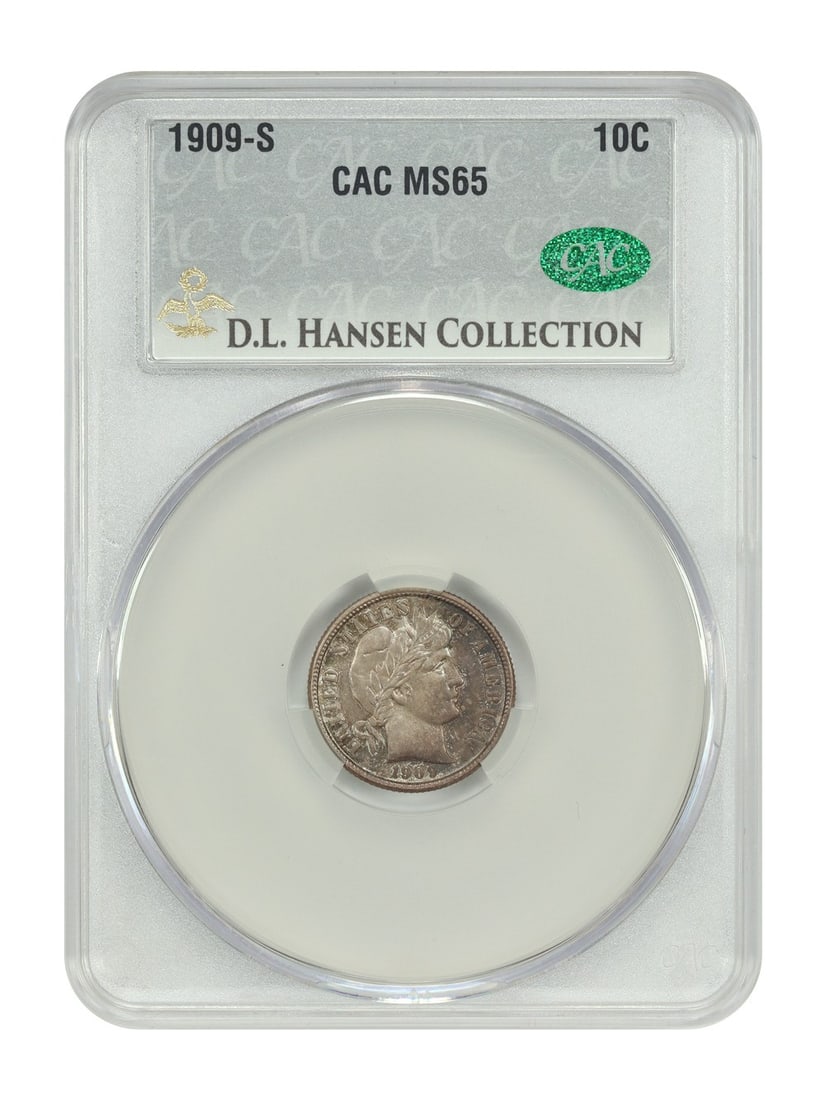 1909-S Barber Dime MS65 CACG Certified San Francisco Mint: 1909-S Barber Dime MS65 CACG Certified San Francisco Mint This exquisite 1909-S Barber Dime is a CACG-certified coin with a grade of MS65, indicating it is uncirculated and in exceptional condition. T