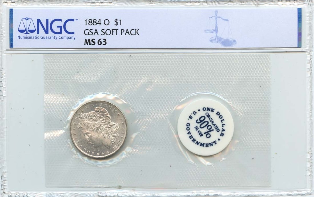 NGC MS63 GSA Soft Pack 1884 O Morgan Silver Dollar: NGC MS63 GSA Soft Pack 1884 O Morgan Silver Dollar This 1884 O Morgan Dollar is encapsulated in a GSA soft pack and graded MS63 by NGC. It is an uncirculated coin minted in the United States in 1884 a