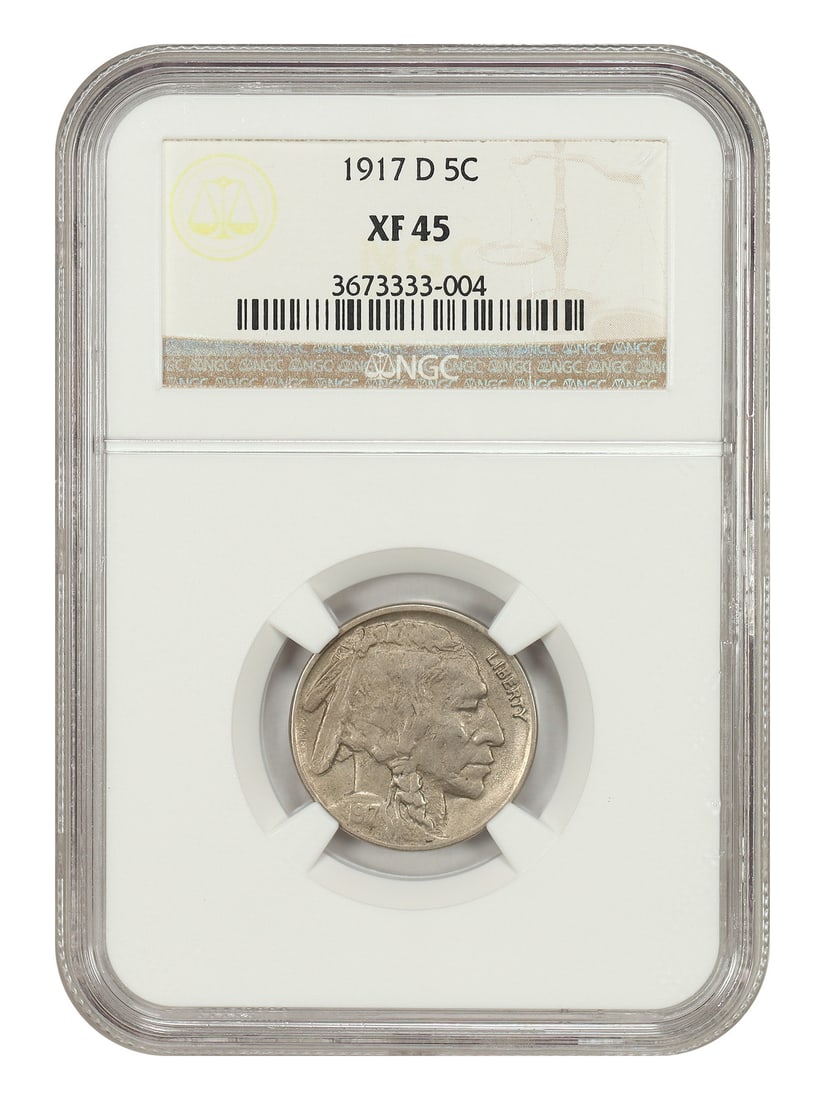 1917 Denver Buffalo Nickel NGC XF45 Five Cent Coin: 1917 Denver Buffalo Nickel NGC XF45 Five Cent Coin This 1917-D Buffalo Nickel has been certified by NGC with a grade of XF45. Struck in Denver, this circulated 5-cent coin is part of the Buffalo Nicke