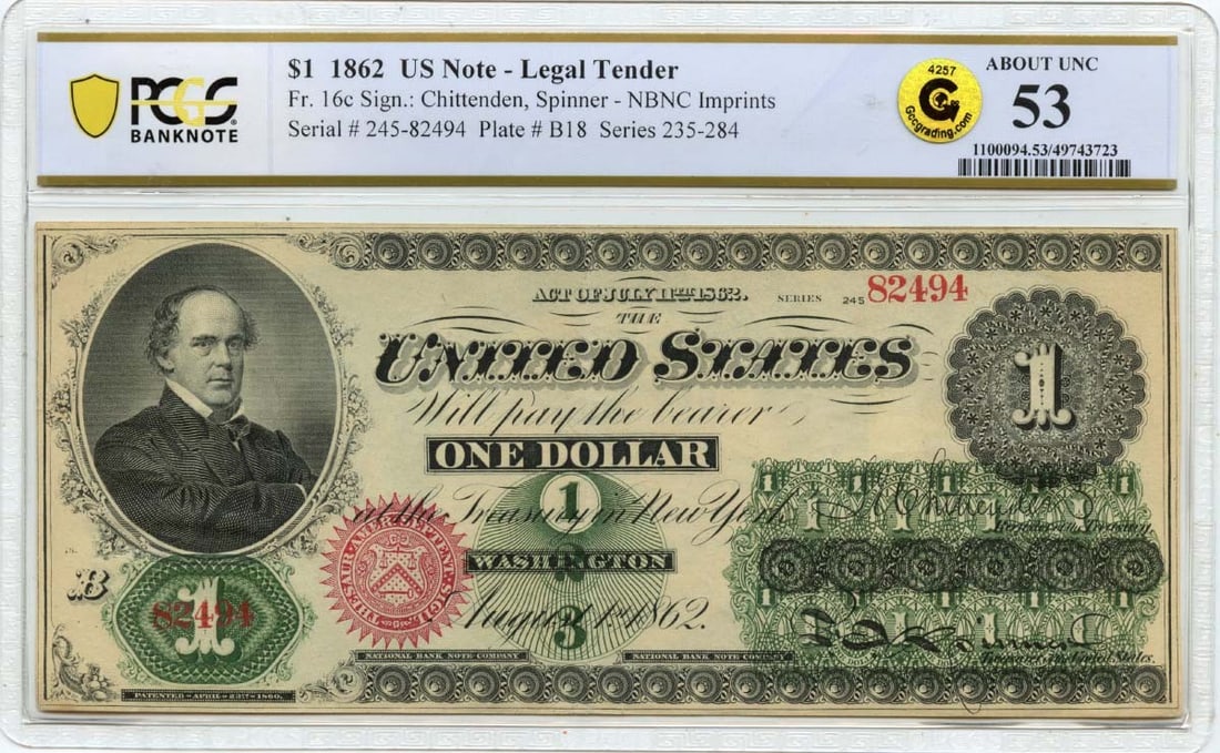 1862 United States $1 Legal Tender Banknote PCGS AU53: 1862 United States $1 Legal Tender Banknote PCGS AU53 This is an 1862 $1 Legal Tender Note, graded AU53 by PCGS Banknote. The note is circulated and originates from the United States. It is classified