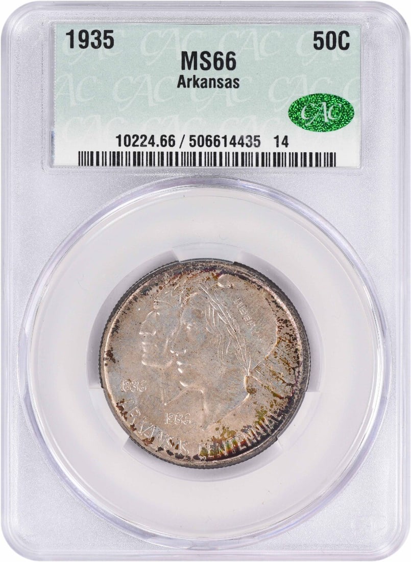 1935 Arkansas Half Dollar Silver Commemorative MS66 CACG Certified Coin: 1935 Arkansas Half Dollar Silver Commemorative MS66 CACG Certified Coin This Arkansas Commemorative Silver Half Dollar from 1935 is an un-used, pre-owned collectible coin certified by CACG and graded