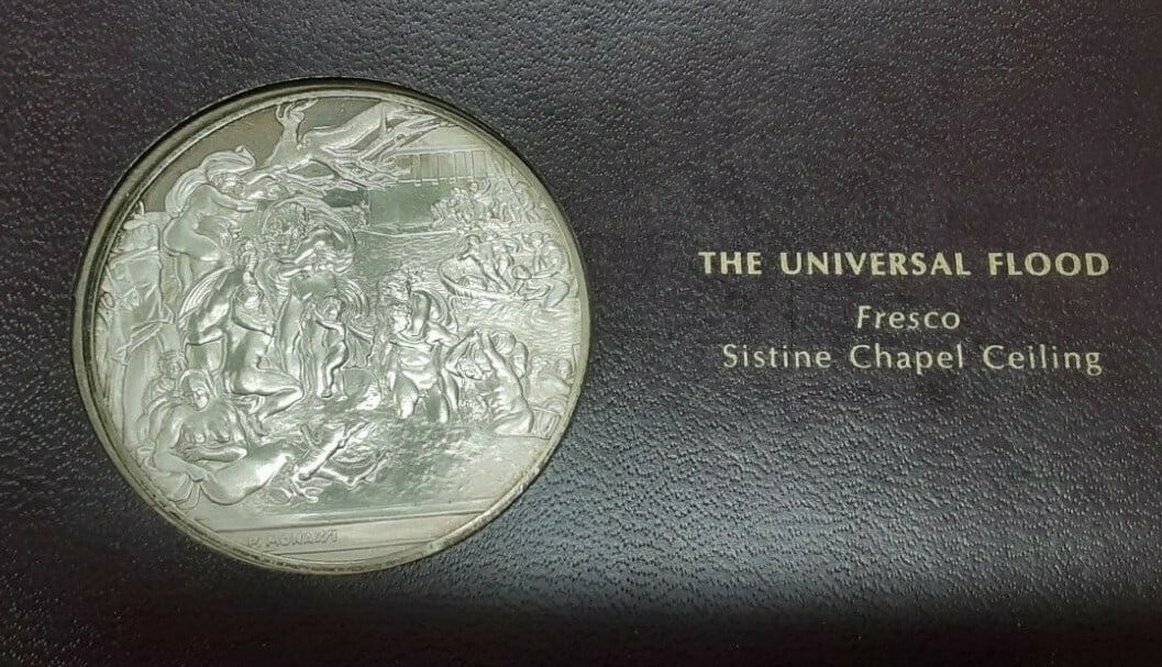 Sterling Silver Genius of Michelangelo Medal The Universal Flood by Franklin Mint: Sterling Silver Genius of Michelangelo Medal The Universal Flood by Franklin Mint This Franklin Mint Genius of Michelangelo proof silver medal, titled 'The Universal Flood,' features a detailed depict