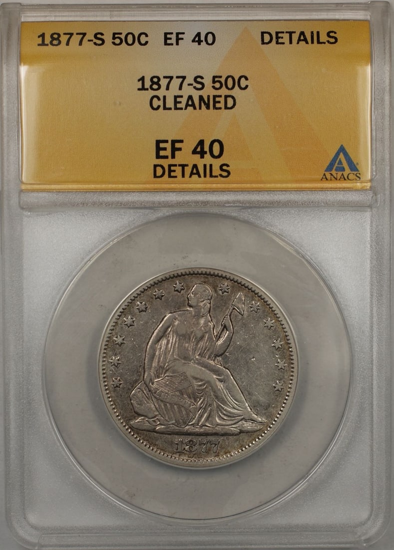 ANACS Certified 1877-S Seated Liberty 50C Silver Half Dollar EF-40 Cleaned: ANACS Certified 1877-S Seated Liberty 50C Silver Half Dollar EF-40 Cleaned This 1877-S Seated Liberty Half Dollar is a circulated coin certified by ANACS with a grade of EF-40 Details. Minted in San F