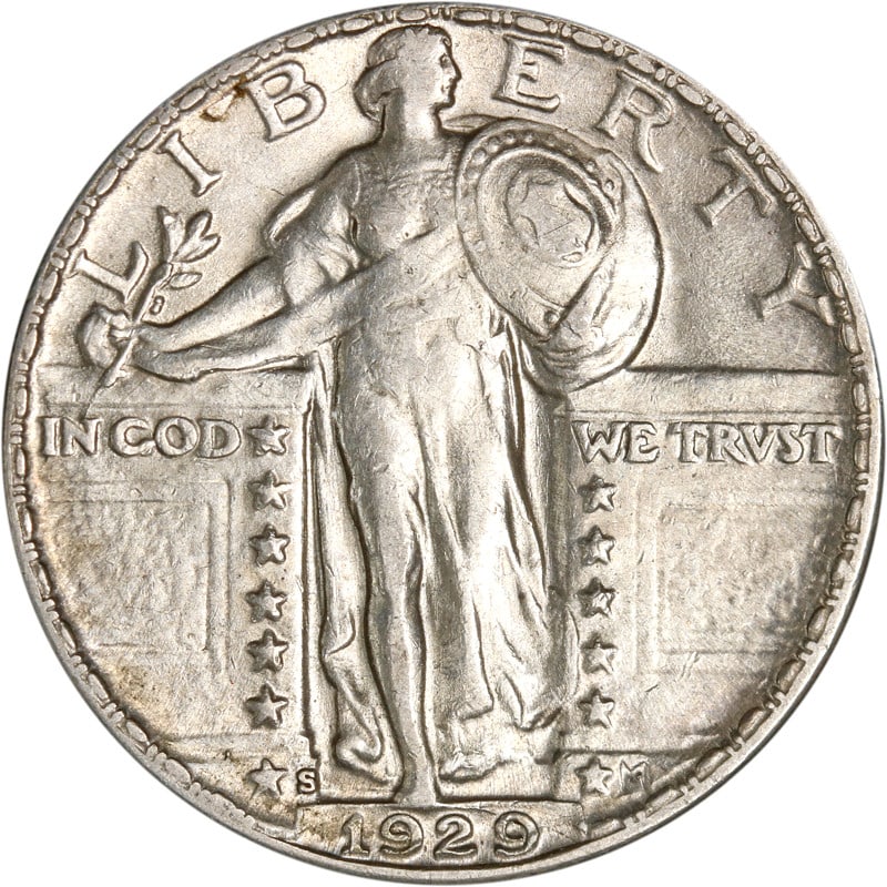 1929 San Francisco Mint Silver Standing Liberty Quarter Coin: 1929 San Francisco Mint Silver Standing Liberty Quarter Coin This is a 1929-S Standing Liberty Quarter from the United States, minted in San Francisco. The coin is composed of silver and is in circula