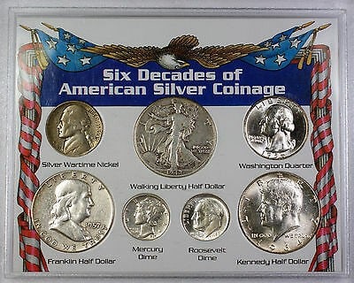 Seven American Silver Coins 1942 to 1964 in Display Case: Seven American Silver Coins 1942 to 1964 in Display Case This set features seven American silver coins from the period 1942 to 1964, housed in a protective plastic case. The collection includes notabl