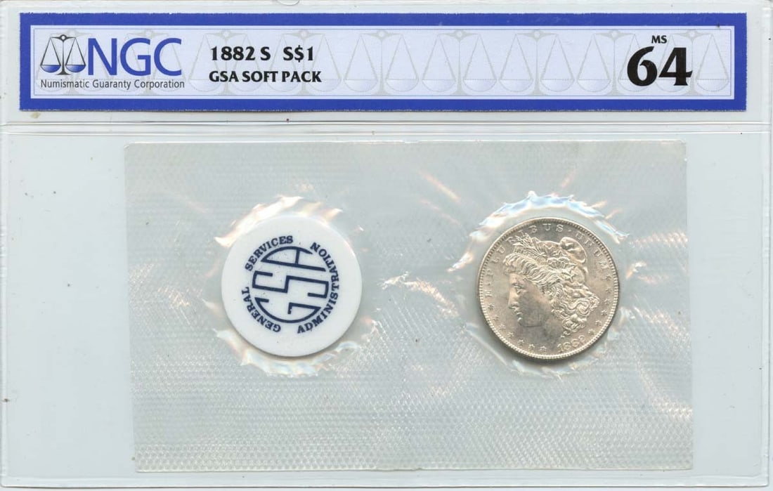 NGC MS64 1882-S San Francisco Morgan Dollar GSA Soft Pack: NGC MS64 1882-S San Francisco Morgan Dollar GSA Soft Pack This is an 1882-S Morgan Dollar in uncirculated condition, certified by NGC with a grade of MS64. The coin is housed in a GSA soft pack and wa