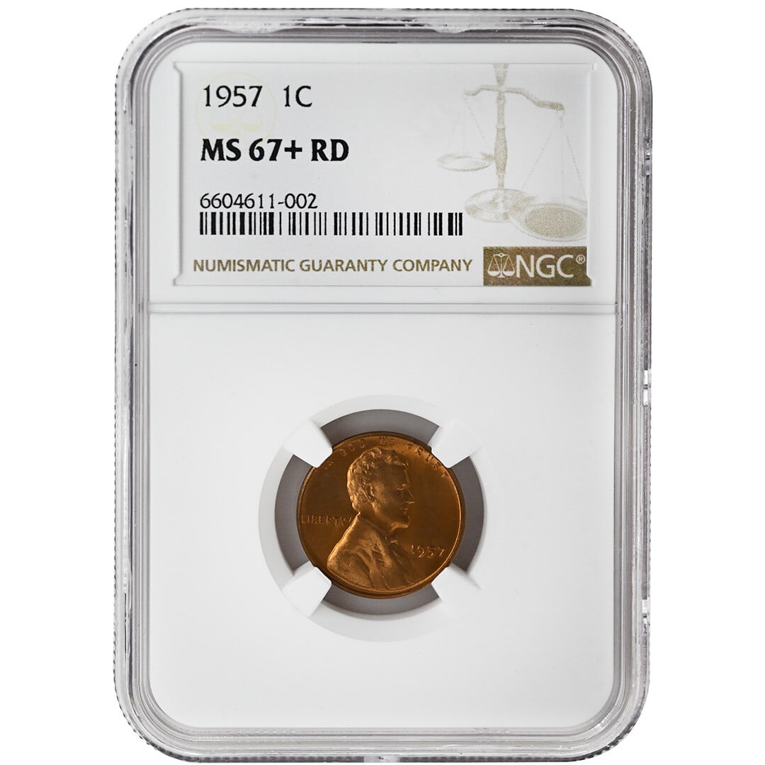 1957 Lincoln Wheat Cent NGC MS67 Plus Philadelphia Mint Red Copper: 1957 Lincoln Wheat Cent NGC MS67 Plus Philadelphia Mint Red Copper This 1957 Lincoln Cent features the Wheat Reverse and has been graded MS67+RD by NGC, indicating its exceptional uncirculated conditi