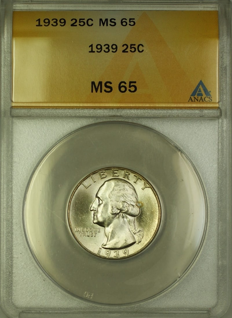 1939 Silver Washington Quarter 25 Cent ANACS MS-65 Uncirculated Coin: 1939 Silver Washington Quarter 25 Cent ANACS MS-65 Uncirculated Coin This is a 1939 Washington Quarter 25-cent coin from the United States, certified by ANACS as MS-65 GEM BU. Struck at the Philadelph