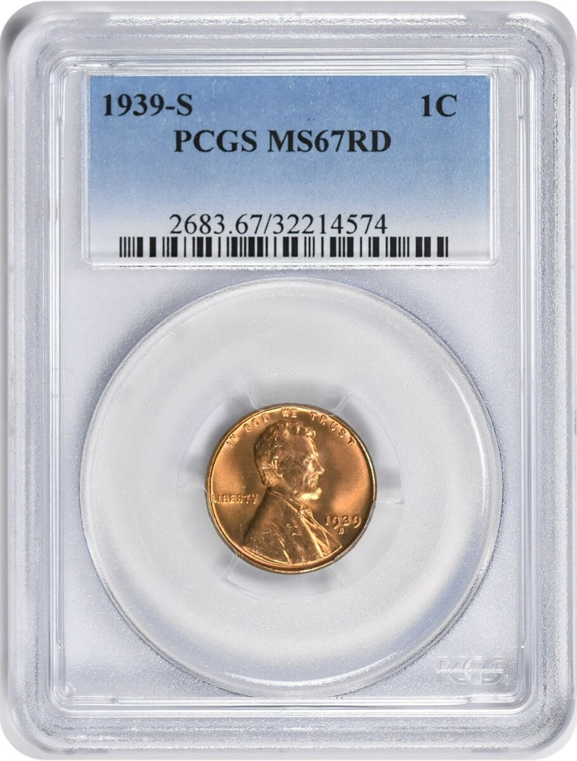 1939-S Lincoln Cent MS67RD Certified PCGS Uncirculated Wheat Design: 1939-S Lincoln Cent MS67RD Certified PCGS Uncirculated Wheat Design This 1939-S Lincoln Cent is graded MS67RD by PCGS, showcasing its uncirculated condition. Struck at the San Francisco mint, this sma