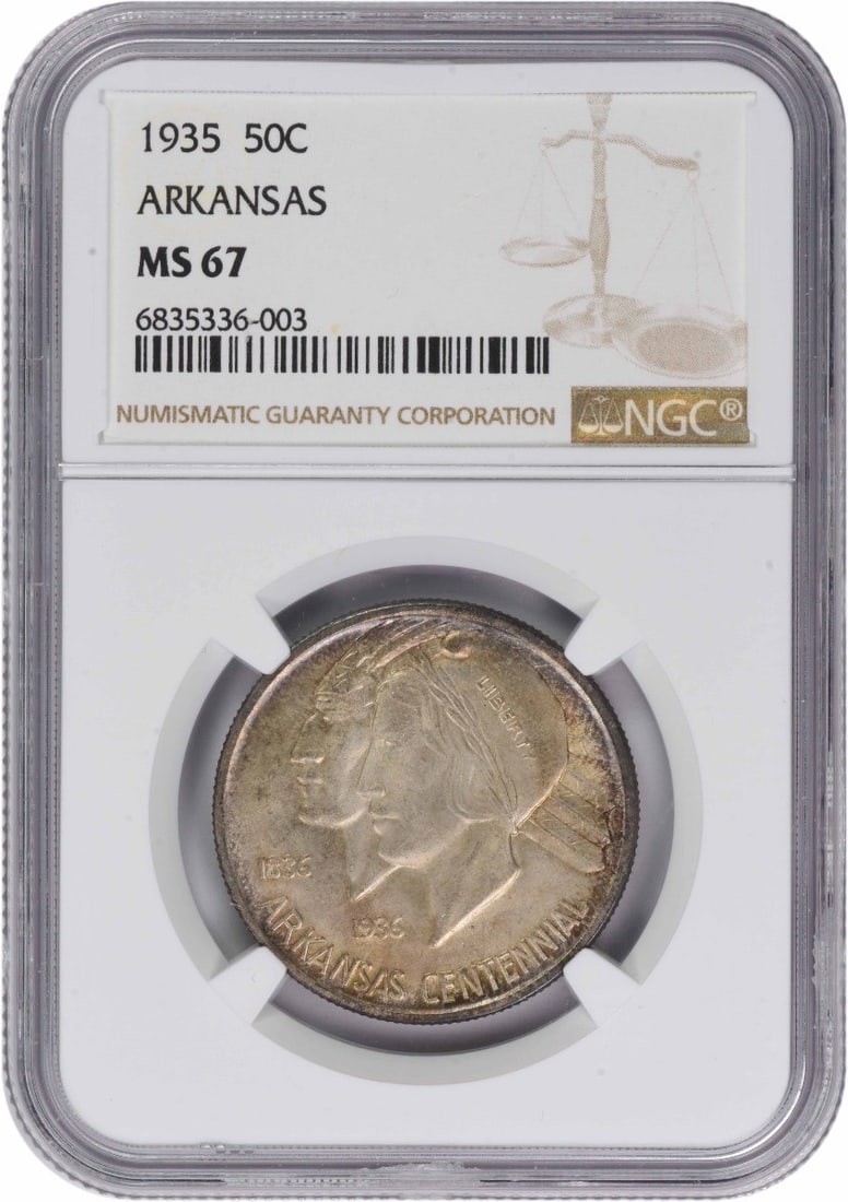 1935 NGC MS67 Arkansas Commemorative 90 Silver Half Dollar: 1935 NGC MS67 Arkansas Commemorative 90 Silver Half Dollar This Arkansas Commemorative Silver Half Dollar from 1935 is graded MS67 by NGC, indicating a high-quality, uncirculated condition. Struck at