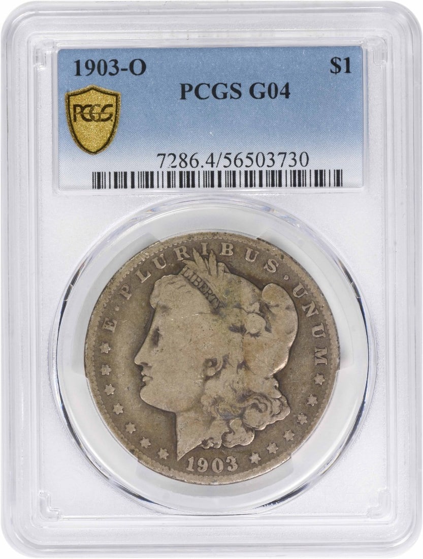 PCGS G04 1903 New Orleans Morgan Dollar 90 Percent Silver Coin: PCGS G04 1903 New Orleans Morgan Dollar 90 Percent Silver Coin This 1903-O Morgan Silver Dollar is graded G04 by PCGS and features a composition of 90% silver and 10% copper. Minted in New Orleans, th