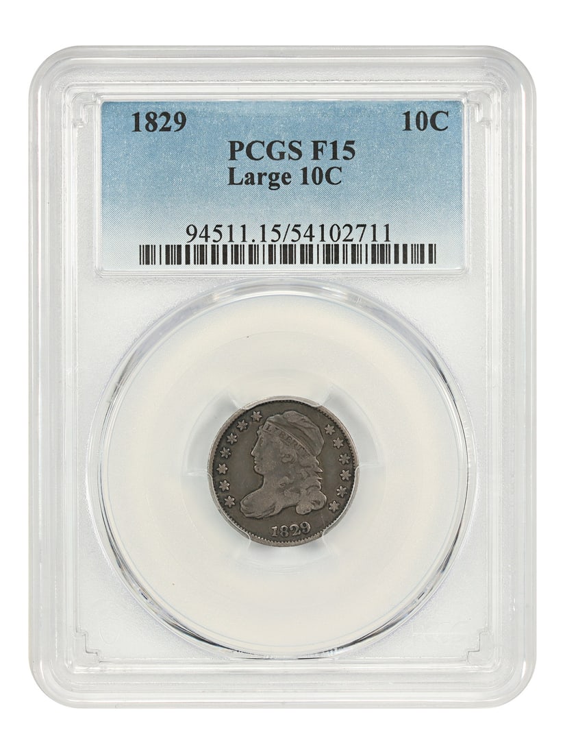 1829 Capped Bust Dime Large 10C Variety PCGS Fine 15: 1829 Capped Bust Dime Large 10C Variety PCGS Fine 15 This is an 1829 Capped Bust Dime featuring the Large 10C variety. Graded Fine 15 by PCGS, this circulated coin originates from the Philadelphia Min