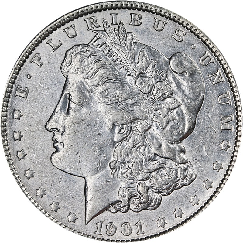 Choice AU 1901 Philadelphia Morgan Dollar with Exceptional Luster: Choice AU 1901 Philadelphia Morgan Dollar with Exceptional Luster This 1901-P Morgan Silver Dollar features attractive luster and a strong strike, with bright white surfaces and appealing coloration.