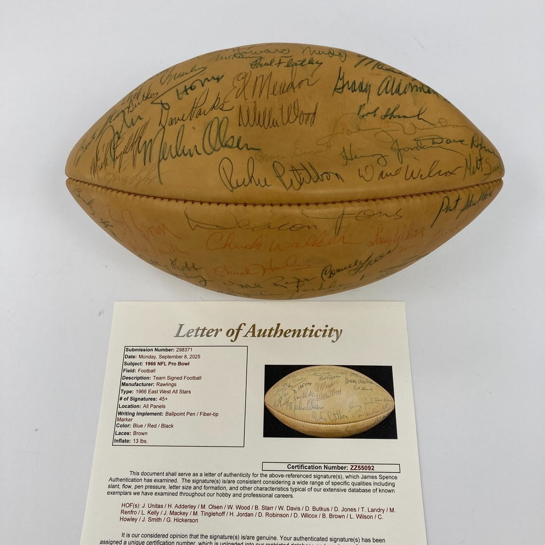 1966 NFL Pro Bowl Football Multi Signed by 50 Legends JSA COA: 1966 NFL Pro Bowl Football Multi Signed by 50 Legends JSA COA This authentic 1966 NFL Pro Bowl multi-signed football features an impressive collection of 50 signatures, including legends such as Johnn