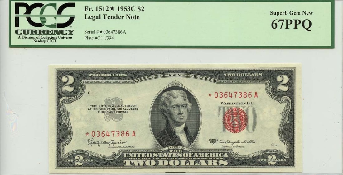 1953 $2 Legal Tender Note FR#1512* PCGS Superb Gem 67 PPQ: 1953 $2 Legal Tender Note FR#1512* PCGS Superb Gem 67 PPQ This 1953 $2 Legal Tender Note (FR#1512*) is a remarkable piece of currency certified by PCGS Currency with a superb grade of MS67. It is in u