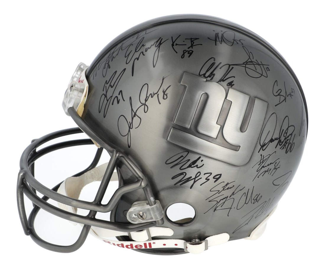 2007 New York Giants Super Bowl Helmet Signed by 28 with Steiner COA Limited Edition: 2007 New York Giants Super Bowl Helmet Signed by 28 with Steiner COA Limited Edition Celebrate the unforgettable moment of Super Bowl XLII with this limited edition pewter full-sized Riddell helmet, s