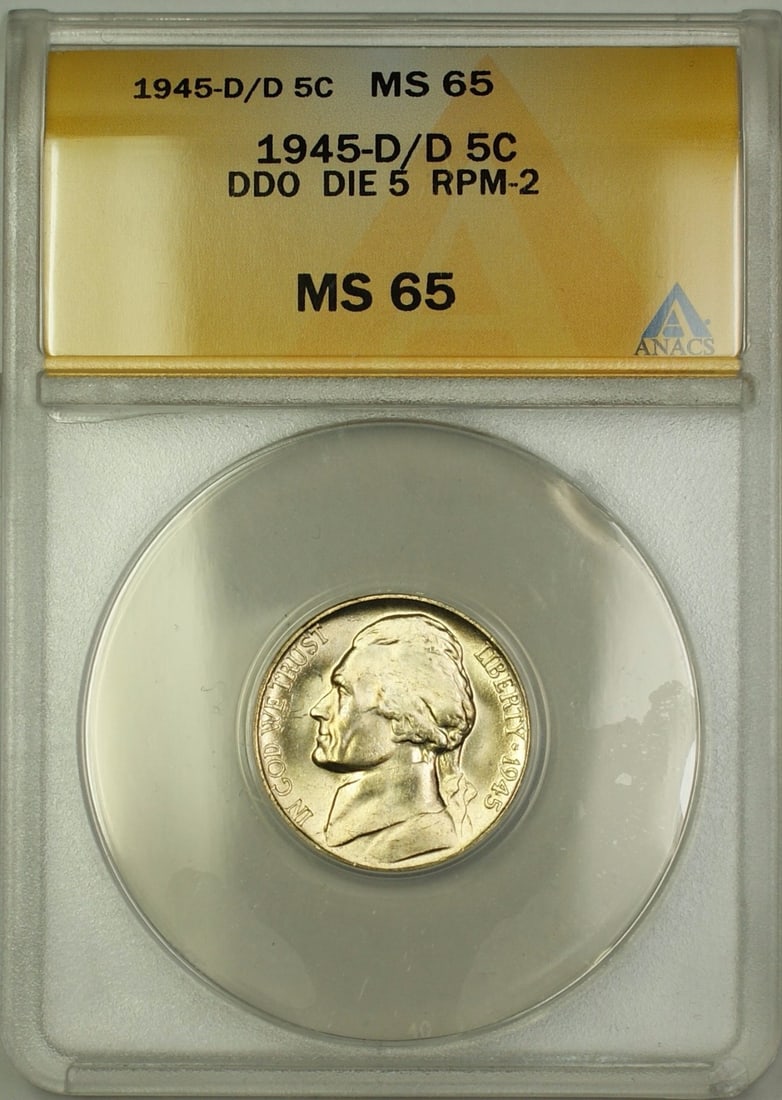 ANACS MS65 1945-D Wartime Silver Jefferson Nickel RPM-2 DDO Die 5: ANACS MS65 1945-D Wartime Silver Jefferson Nickel RPM-2 DDO Die 5 This 1945-D/D RPM-2 DDO Die 5 Wartime Silver Jefferson Nickel is an un-used coin graded MS-65 by ANACS. Minted in Denver, it features