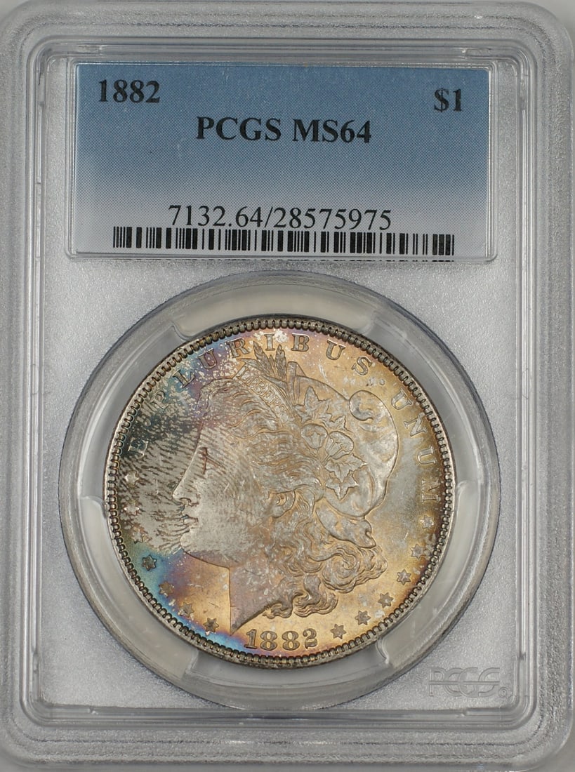 PCGS MS-64 1882 Morgan Dollar Silver Coin with Toning Philadelphia Mint: PCGS MS-64 1882 Morgan Dollar Silver Coin with Toning Philadelphia Mint This 1882 Morgan Silver Dollar features a beautifully toned finish and is certified by PCGS with a grade of MS 64. Struck in Phi
