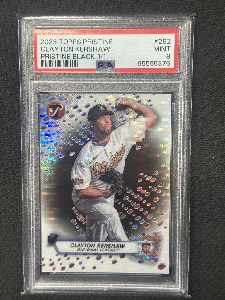 Clayton Kershaw 2023 Topps Pristine Black PSA 9 MLB Card #292: Clayton Kershaw 2023 Topps Pristine Black PSA 9 MLB Card #292 This is a rare 2023 Topps Pristine Black baseball card featuring Clayton Kershaw, a star player for the Los Angeles Dodgers. This card is
