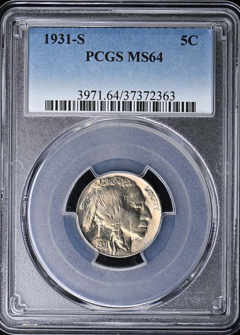 PCGS MS64 Buffalo Nickel 1931 San Francisco Mint Five Cent Coin: PCGS MS64 Buffalo Nickel 1931 San Francisco Mint Five Cent Coin This is a 1931-S Buffalo Nickel graded MS64 by PCGS. The coin was minted in San Francisco and remains uncirculated. It is a pre-owned co