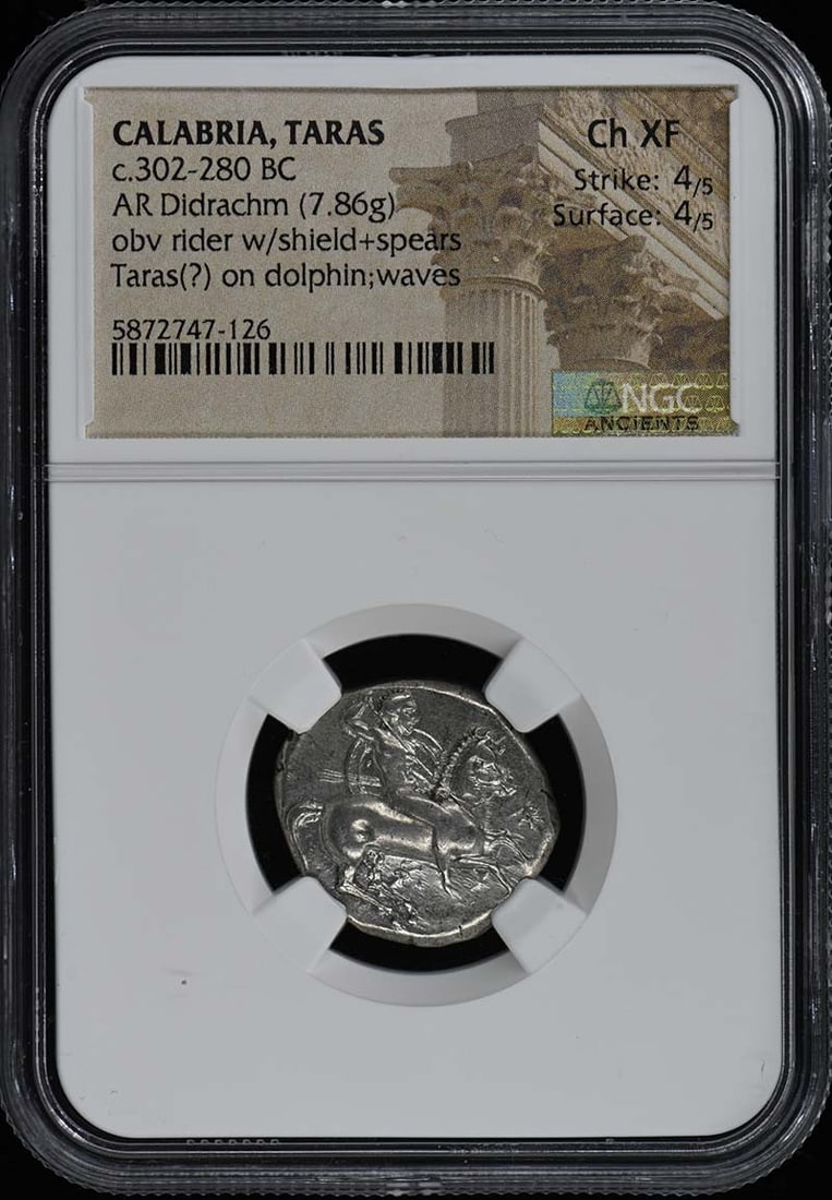 NGC Ch XF Taras Calabria Silver Didrachm Ancient Coin circa 302-280 BC 7.86g: NGC Ch XF Taras Calabria Silver Didrachm Ancient Coin circa 302-280 BC 7.86g This is a silver didrachm from Calabria, Taras, dating approximately to 302-280 BC. Certified by NGC with a Choice Extremel
