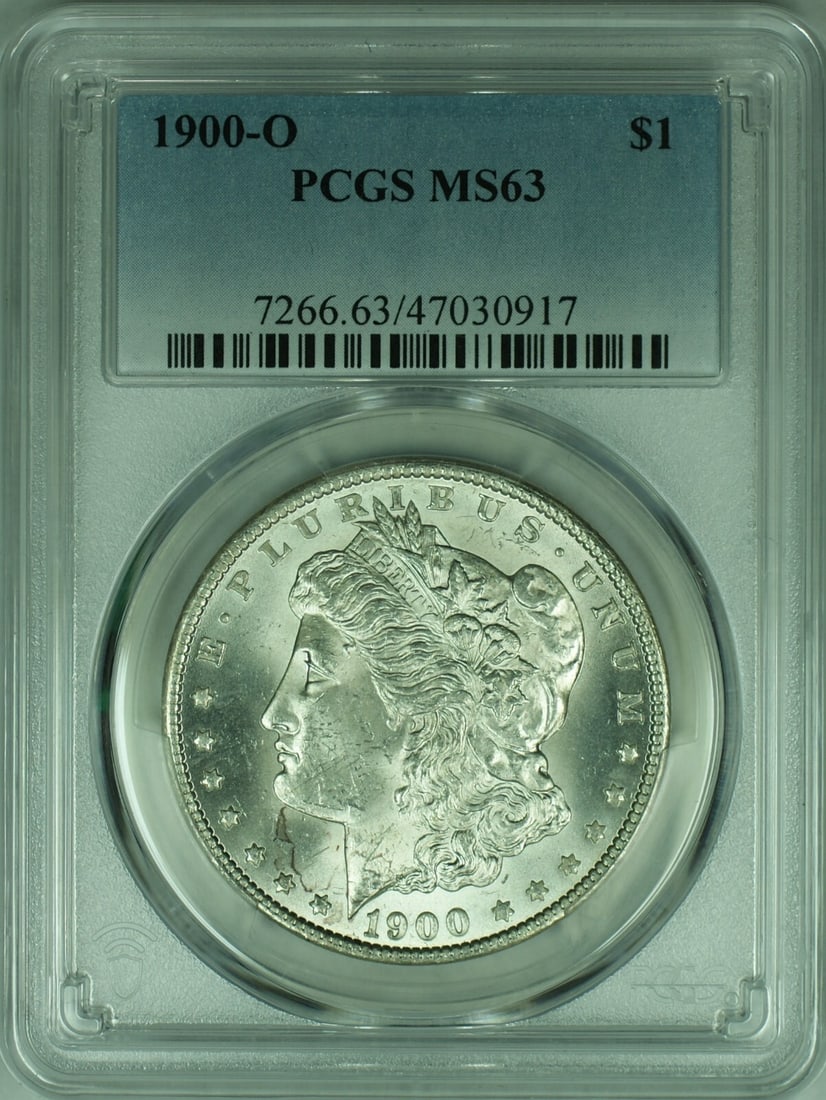 PCGS MS-63 1900-O New Orleans Morgan Dollar Silver $1 Coin: PCGS MS-63 1900-O New Orleans Morgan Dollar Silver $1 Coin This is a 1900-O Morgan Silver Dollar coin from the United States, certified by PCGS with a grade of MS-63. The coin is uncirculated and was