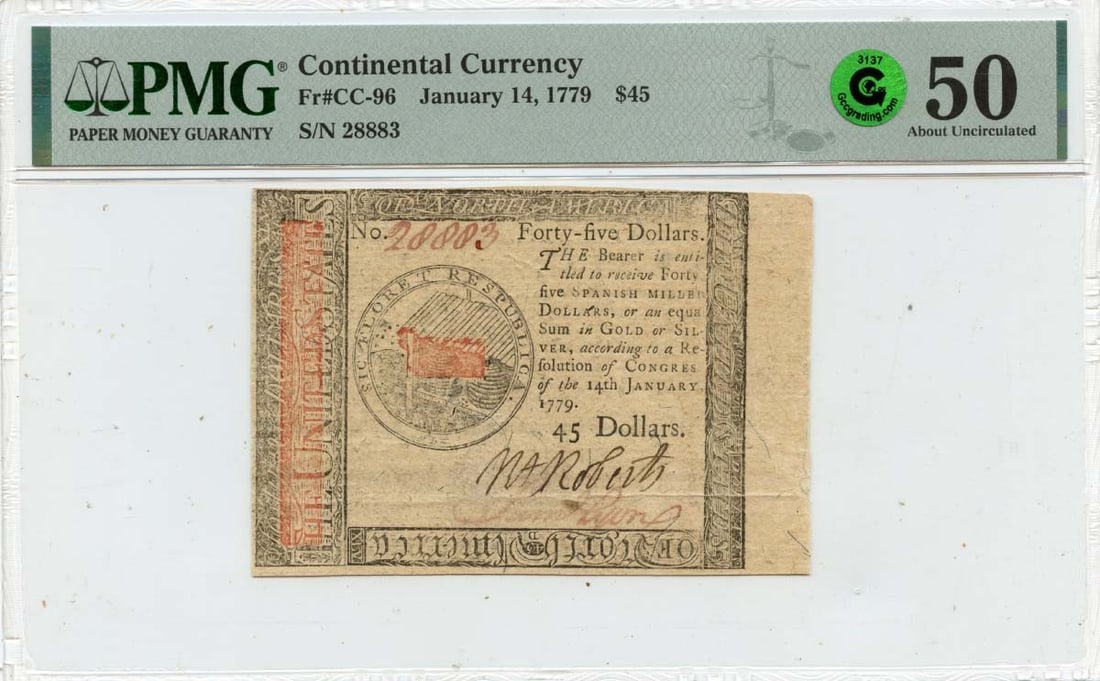 1779 $45 Continental Currency PMG AU50 Graded Note: 1779 $45 Continental Currency PMG AU50 Graded Note This 1779 January 14 Continental Currency note, denomination $45, is a remarkable piece of American history. Certified by PMG with a grade of AU50, t