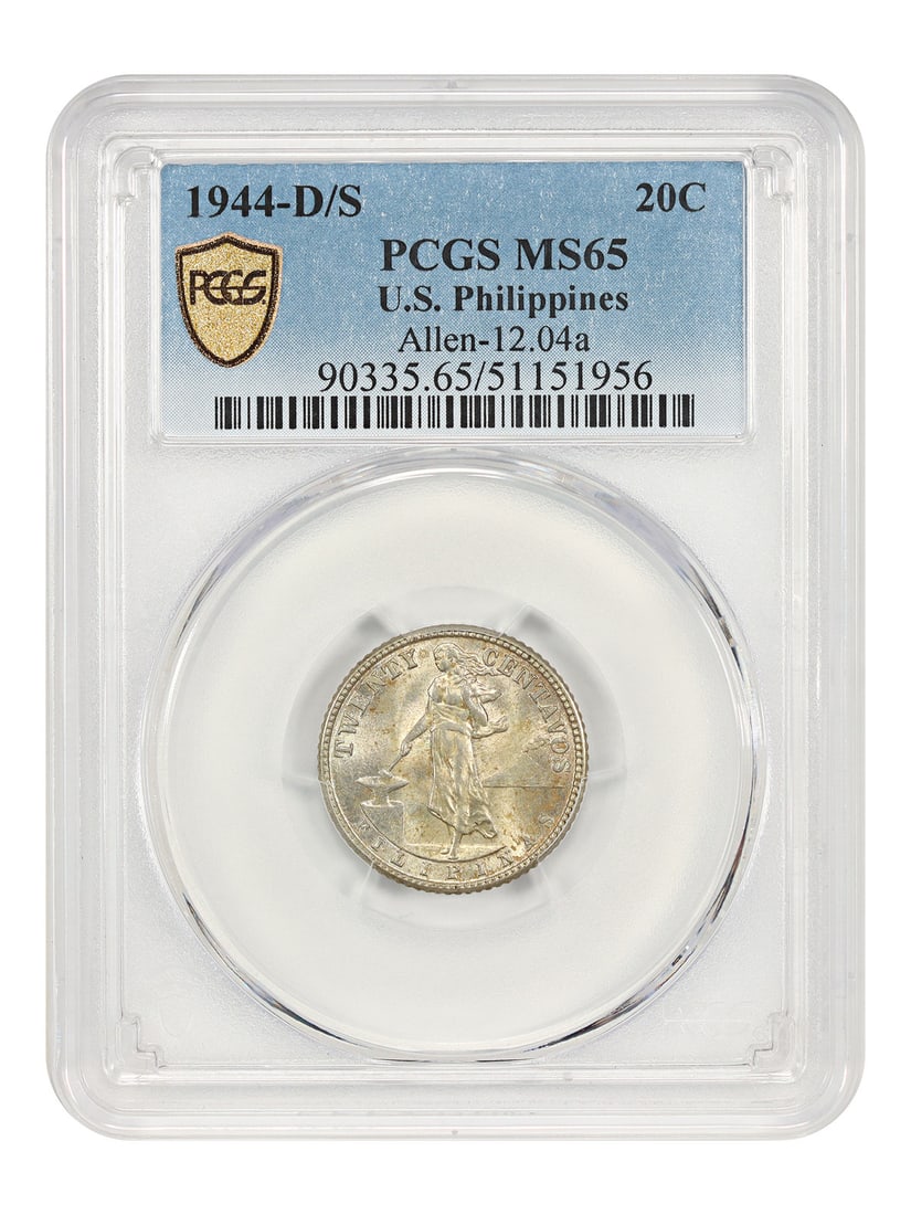 1944-D/S US Philippines 20 Centavos PCGS MS65 Allen 12.04a: 1944-D/S US Philippines 20 Centavos PCGS MS65 Allen 12.04a This is a 1944-D/S 20 centavos coin from the U.S. Philippines series, graded MS65 by PCGS. The coin is uncirculated and features a mint mark