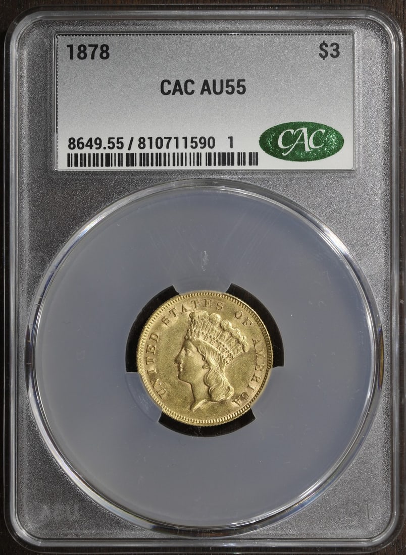 1878 Three Dollar Gold Coin AU55 CAC Certified: 1878 Three Dollar Gold Coin AU55 CAC Certified This 1878 Indian Princess Three Dollar Gold Piece is a circulated coin graded AU 55 by CAC. Minted in Philadelphia, it is composed of gold with a finenes
