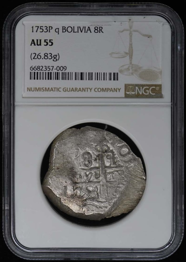 1753 Bolivia Silver 8 Reales Coin NGC AU55 Certified: 1753 Bolivia Silver 8 Reales Coin NGC AU55 Certified This 1753 Bolivia Silver 8 Reales coin is certified by NGC with a grade of AU55, indicating it is in excellent condition despite being circulated.