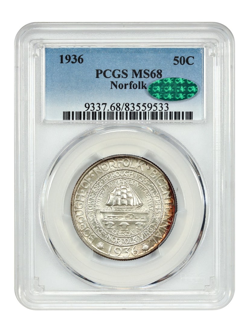 Norfolk 1936 Half Dollar PCGS CAC MS68 Silver Commemorative Coin: Norfolk 1936 Half Dollar PCGS CAC MS68 Silver Commemorative Coin This 1936 50C Norfolk Classic Silver Commemorative coin was issued to mark the 200th anniversary of Norfolk, Virginia's transition from