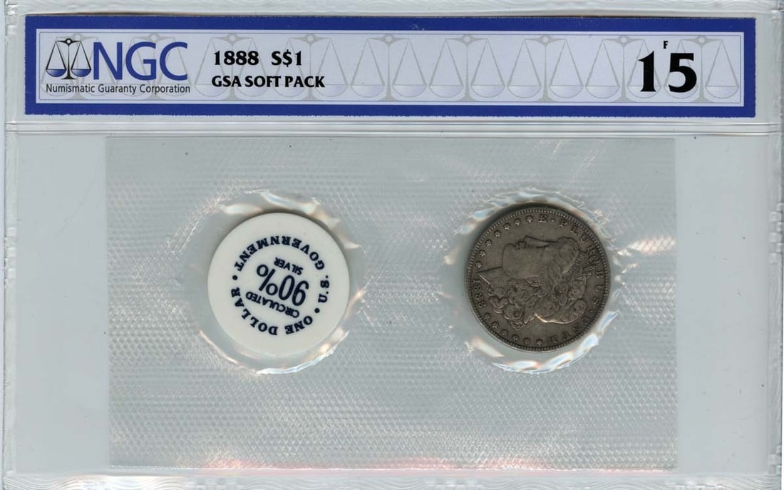 NGC F15 1888 Morgan Dollar Philadelphia GSA Soft Pack: NGC F15 1888 Morgan Dollar Philadelphia GSA Soft Pack This 1888 Morgan Dollar is certified by NGC with a grade of F15 and comes in a GSA soft pack. Struck in Philadelphia, this circulated coin represe