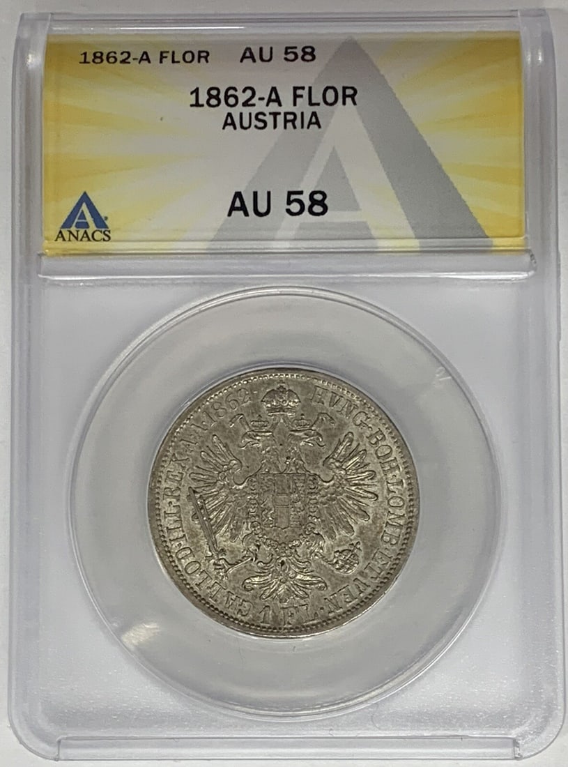 Silver 1862-A Austria 1 Florin ANACS AU 58 Certified Coin: Silver 1862-A Austria 1 Florin ANACS AU 58 Certified Coin 1862-A Austria 1 Florin coin certified by ANACS with a grade of AU 58. Made of silver and issued in 1862, this collectible coin originates fro