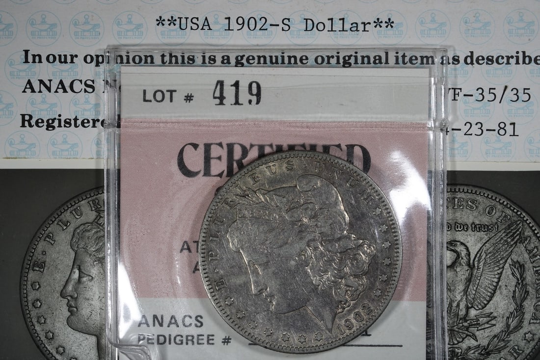 1902-S Morgan Silver Dollar ANACS VF35 Silver Coin: 1902-S Morgan Silver Dollar ANACS VF35 Silver Coin This 1902-S Morgan Silver Dollar is a classic piece of American numismatics. Struck in silver at the San Francisco Mint, this coin showcases a grade