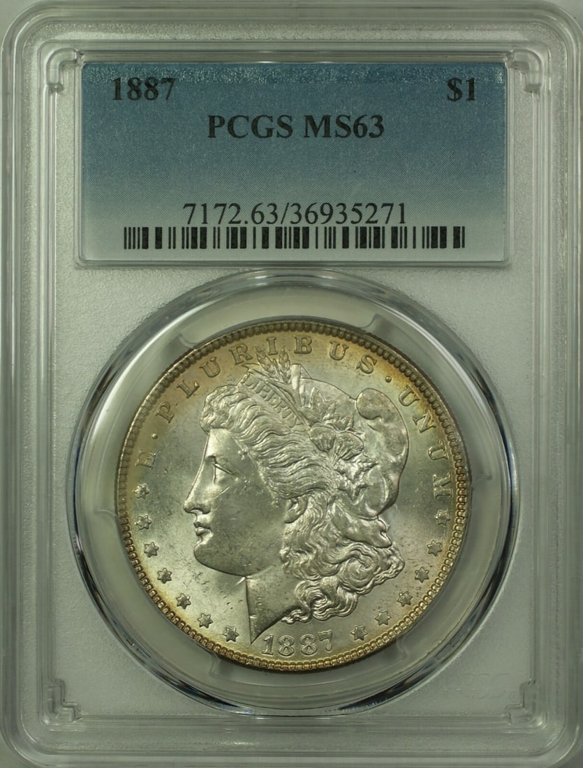 PCGS MS-63 Certified 1887 Morgan Dollar Silver Uncirculated Philadelphia: PCGS MS-63 Certified 1887 Morgan Dollar Silver Uncirculated Philadelphia This 1887 Morgan Silver Dollar is a $1 coin from the United States, minted in Philadelphia. It is certified by PCGS with an MS-