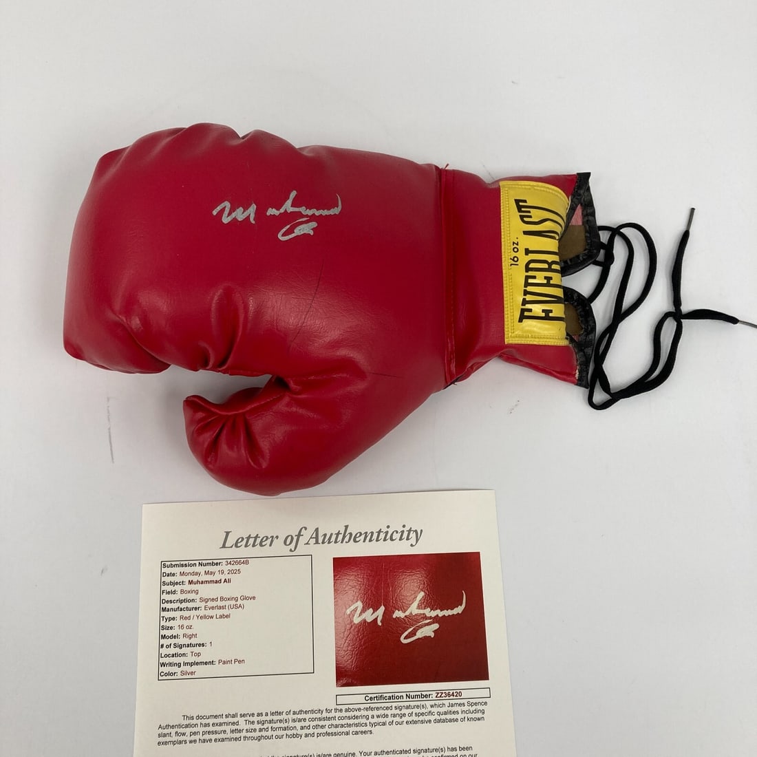 Muhammad Ali Signed Everlast Boxing Glove with JSA Authentication: Muhammad Ali Signed Everlast Boxing Glove with JSA Authentication This is an authentic Muhammad Ali signed Everlast boxing glove featuring a striking silver ink signature. The glove, a must-have colle