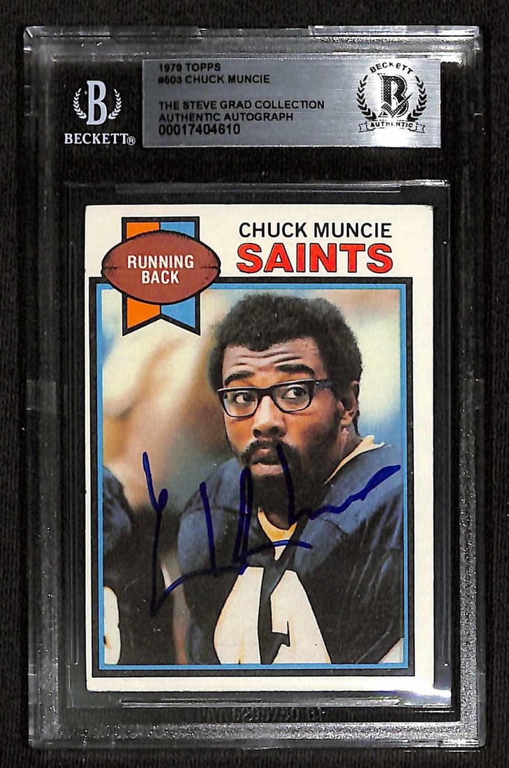 1979 Topps #503 Chuck Muncie Autographed Football Card Beckett Authenticated: 1979 Topps #503 Chuck Muncie Autographed Football Card Beckett Authenticated This is an original 1979 Topps #503 sports trading card featuring New Orleans Saints running back Chuck Muncie. The card ha