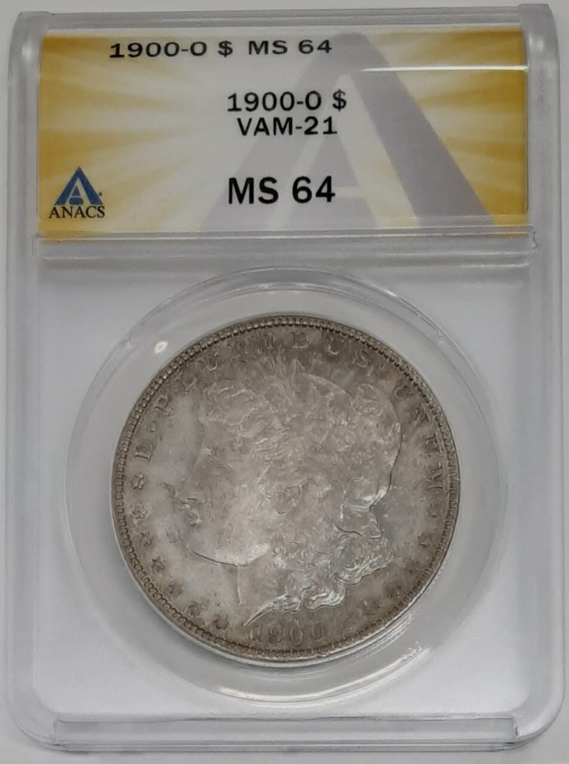 ANACS MS-64 1900-O Morgan Silver Dollar VAM-21 Near Date Toned: ANACS MS-64 1900-O Morgan Silver Dollar VAM-21 Near Date Toned This is a 1900-O Morgan Silver Dollar coin, certified by ANACS with a grade of MS-64. The coin features the VAM-21 Near Date variety and